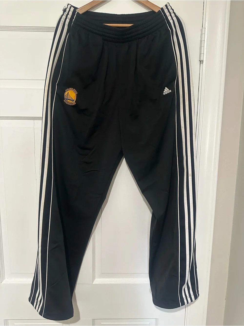 adidas Black Joggers with White Stripes and Yellow Team Patch